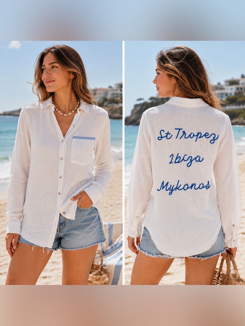 Blue Island St. Tropez Ibiza Mykonos Gauze Button Front Beach Shirt Cover-Up - Picture 1 of 13